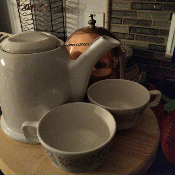 Exc Vtg Teapot w.copper thermal cover tea steeper 3 Homer Laughlin teacups bonus - Picture 8 of 14